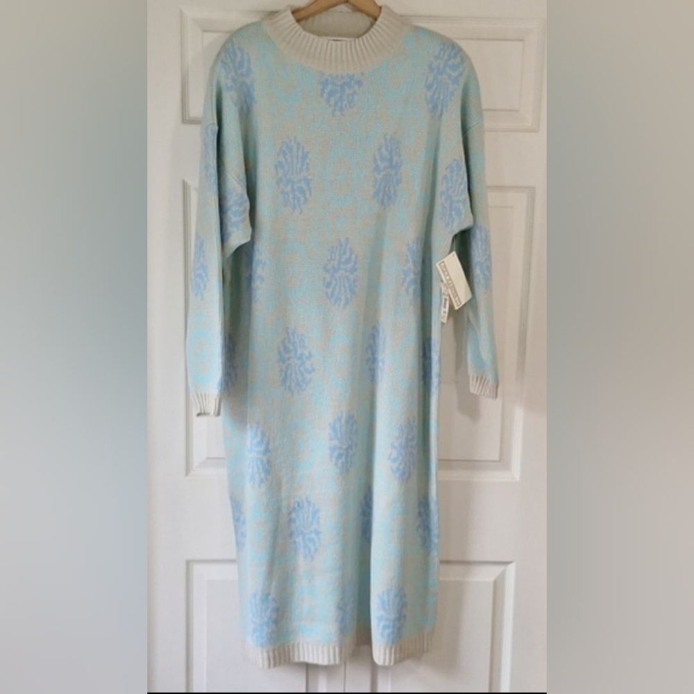 Vintage Y2K Joan Harper II mock turtleneck maxi sweater dress - 3X - beige/blue